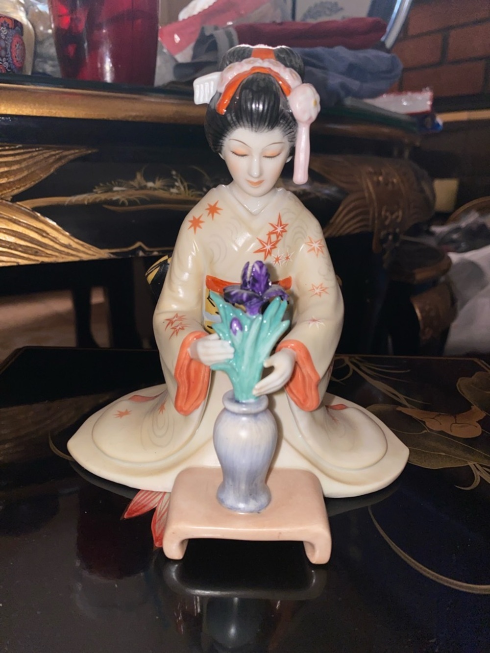 Porcelain Geisha Figurine in Cream with Orange and Purple Accents